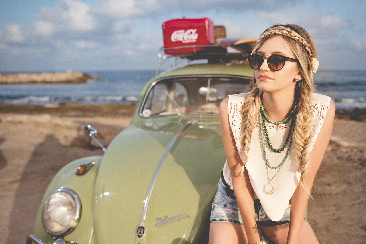 woman, fashion, model, hippie, braided hair, hairstyle, blonde, blonde woman, young woman, style, shades, sunglasses, beach, beetle, classic car, girl, ocean, outdoors, person, sand, nature, sea, seashore, summer, volkswagen
