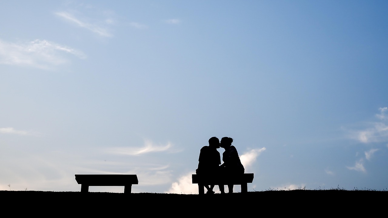 couple, kiss, love, romance, silhouette, lovers, relationship, kissing, romantic, sunset, nature, blue sky, sky, couple goals, affection, happyvalentine's