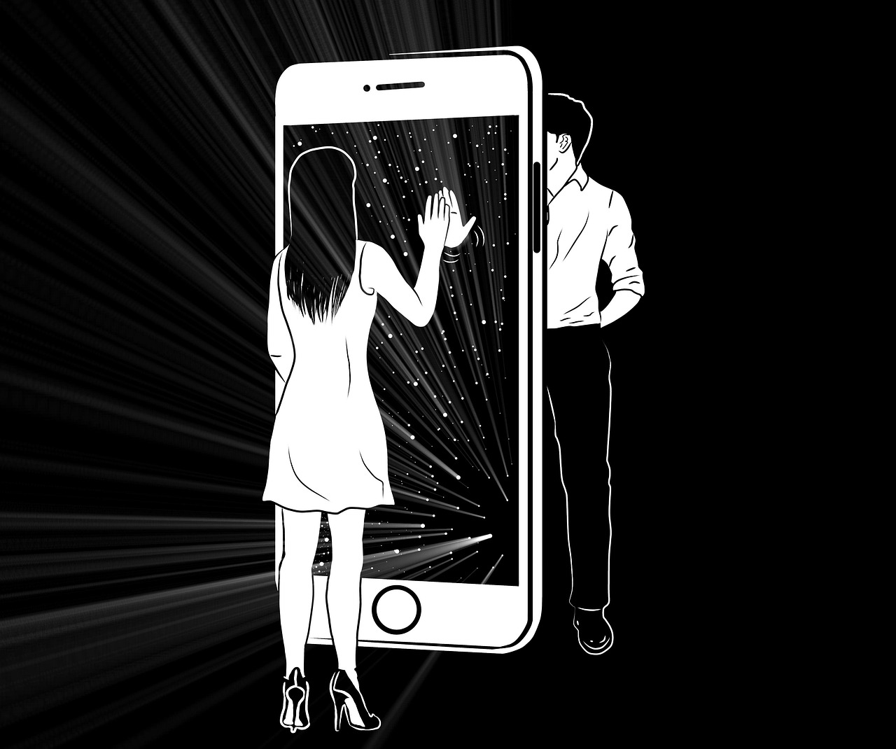 modern, cellphone, people, couple, rays, distance, cartoon, blackandwhite, black, white, smartphone, iphone, man, women, relationship, long, communicate, standing, surreal, cellphone, couple, couple, couple, couple, couple, cartoon