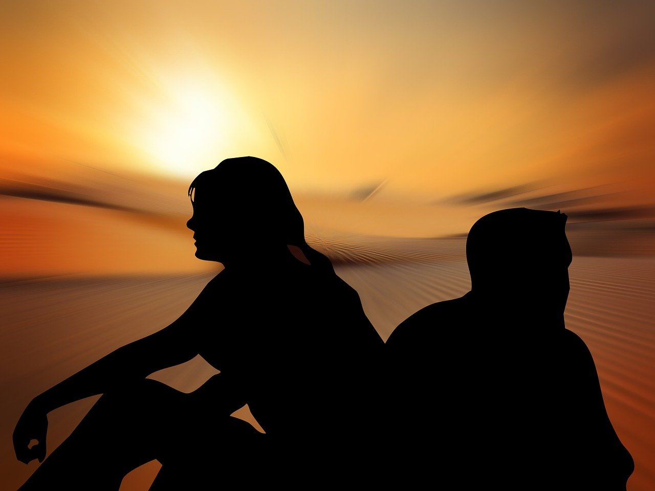 silhouettes, woman, man, nature, back to back, sun, community, company, basis, separation, partner, partnership, worries, dispute, conflict