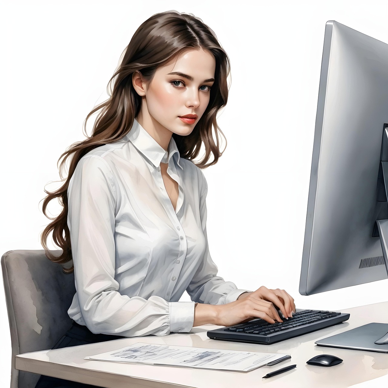 ai generated, woman, office worker, employee, computer, desk job, desk work, work, office, table, business